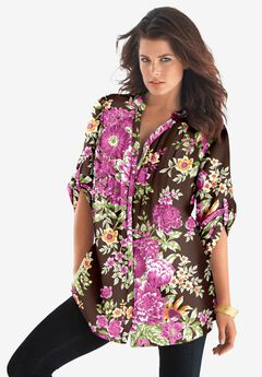 Plus Size Floral Y-Neck Pintuck Tunic – Adjustable Long Sleeve Button-Front, Relaxed Shirt Style