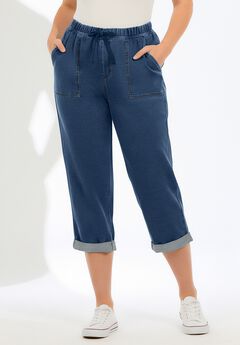 Plus Size Knit Denim Pull-On Cuffed Capri Jean