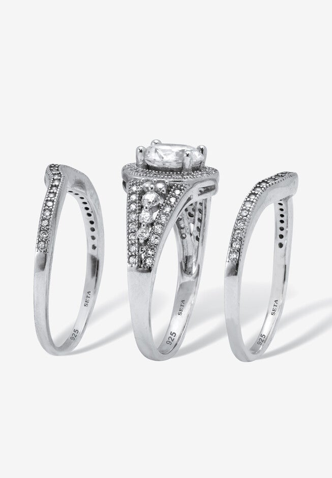 2.18 Tcw Round Cut Cubic Zirconia Platinum-Plated Sterling Silver Bridal Set, , on-hover image number 1