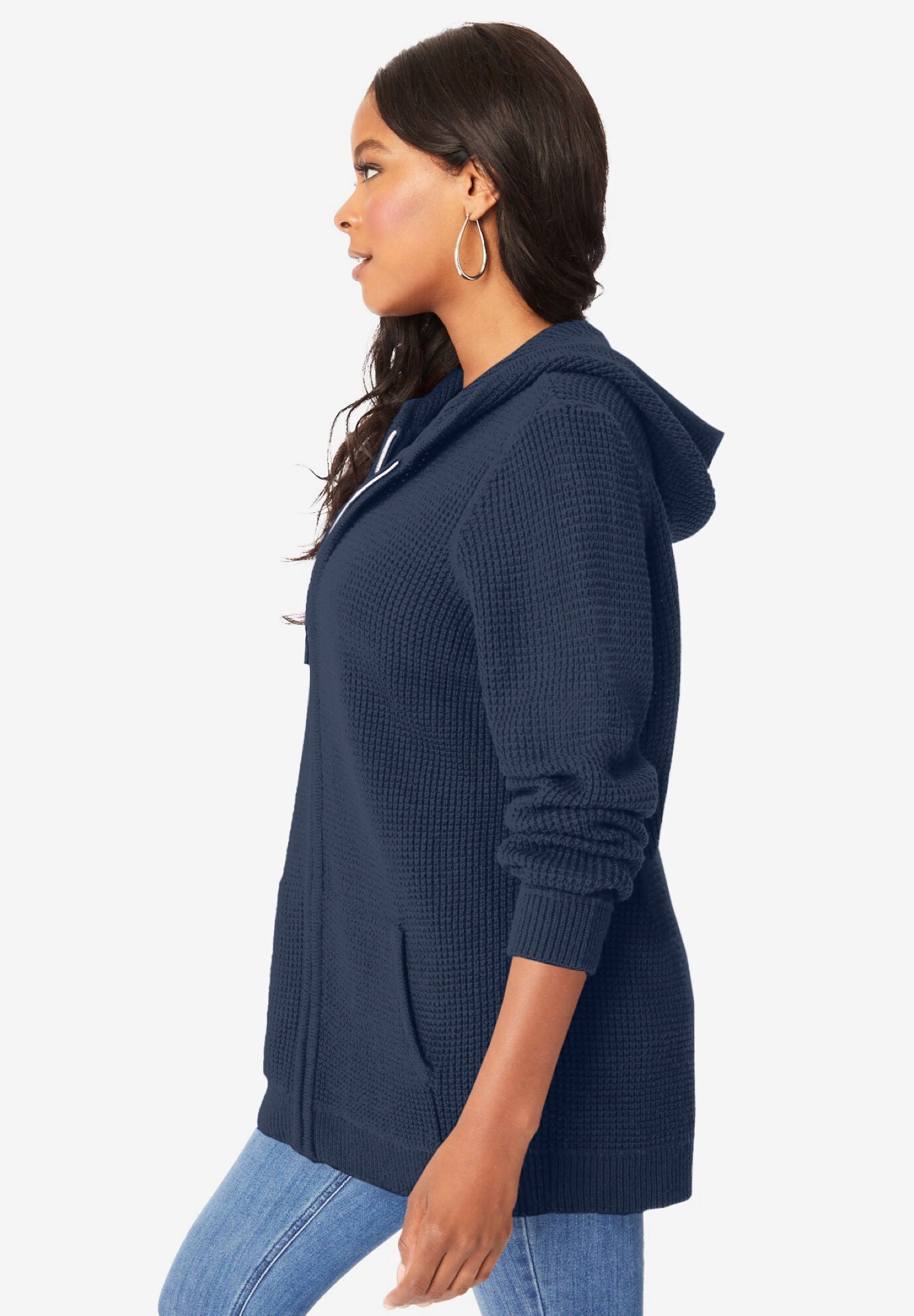 Plus Size Waffle Knit Zip-Front Relaxed Hoodie, NAVY, alternate image number 2