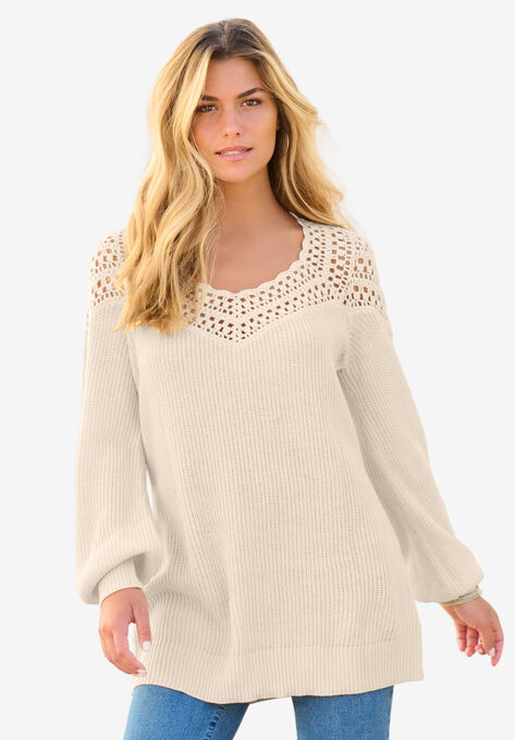 Sweetheart Crochet Pullover Sweater, OATMEAL, hi-res image number null