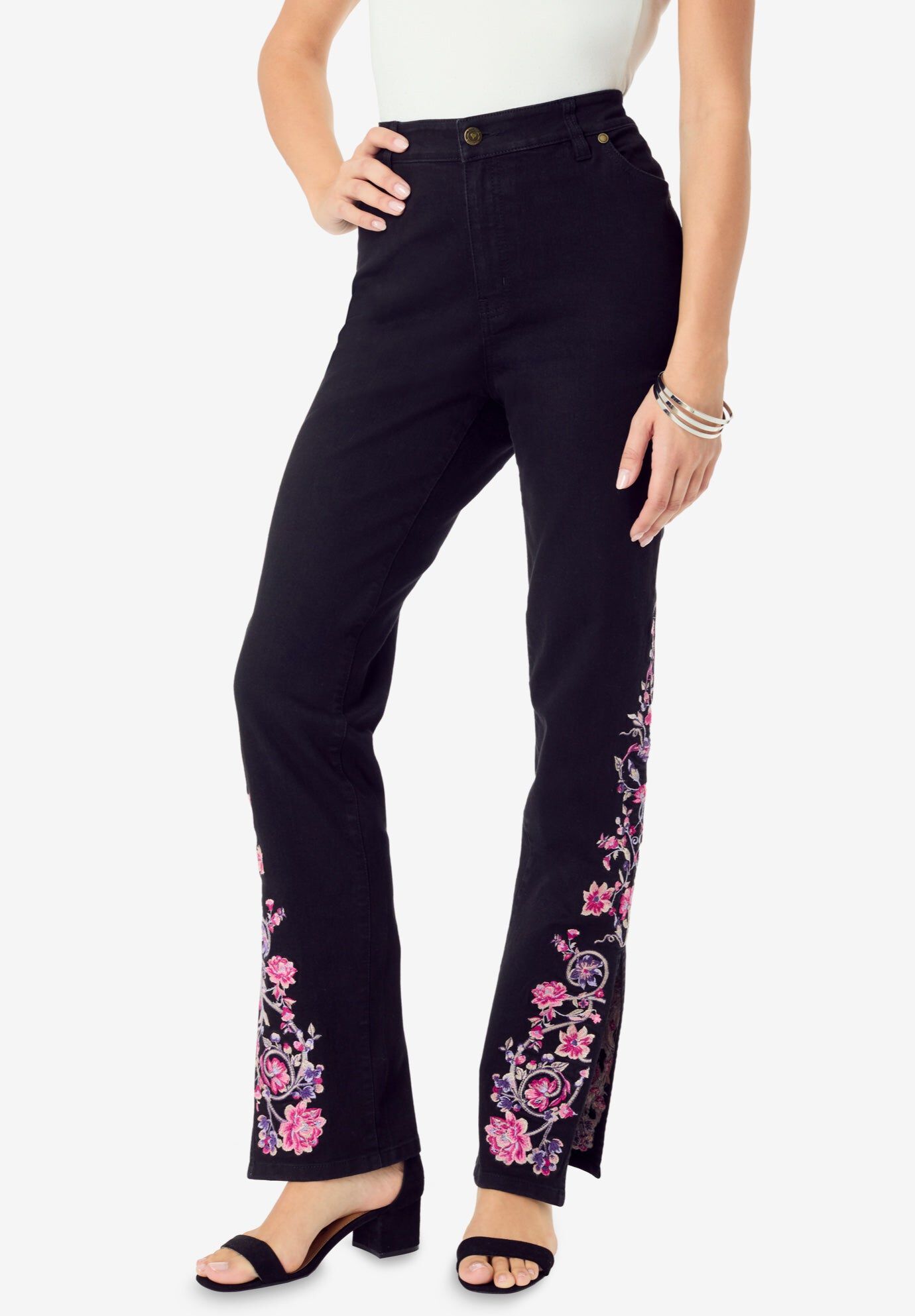 Plus Size Invisible Stretch&reg; Embroidered Split Flare-Leg Jean, BLACK VINE, hi-res image number 0