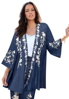 Plus Size Chambray Embroidered Kimono