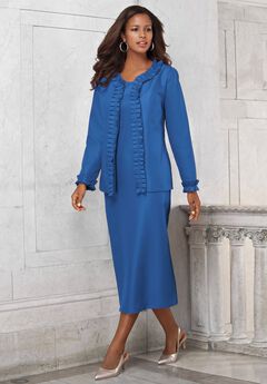 Plus Size Long Sleeve Pleated Jacket Dress Set – Elegant 2-Piece Sheath Suit