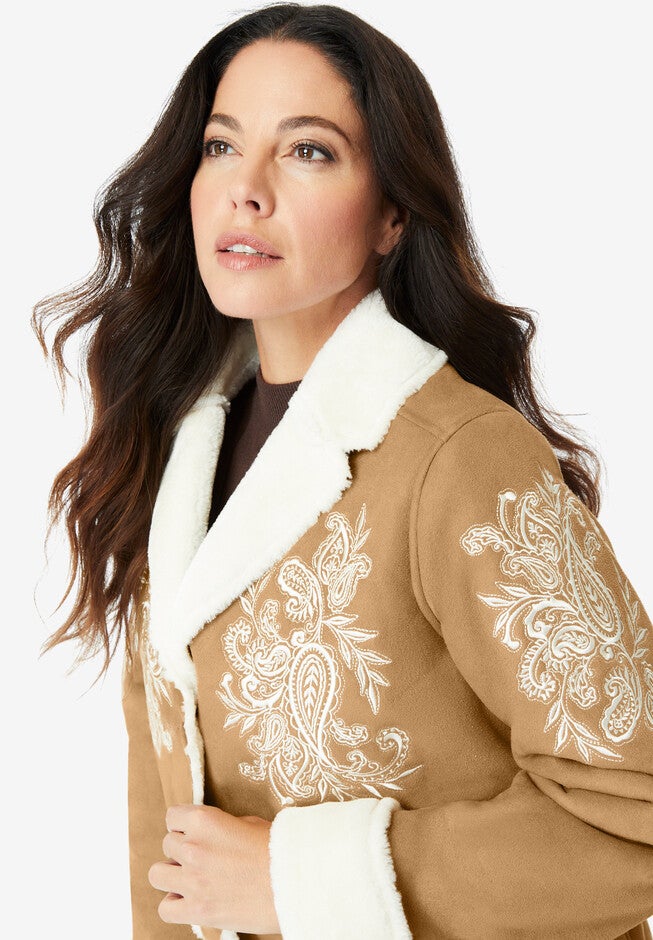 Embroidered Faux Shearling Coat., , alternate image number null