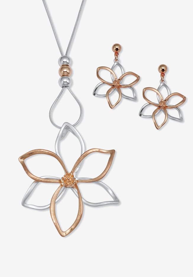 14K Rose-Plated Flower Drop Earring And Necklace Set 36-Inch, GOLD, hi-res image number 0