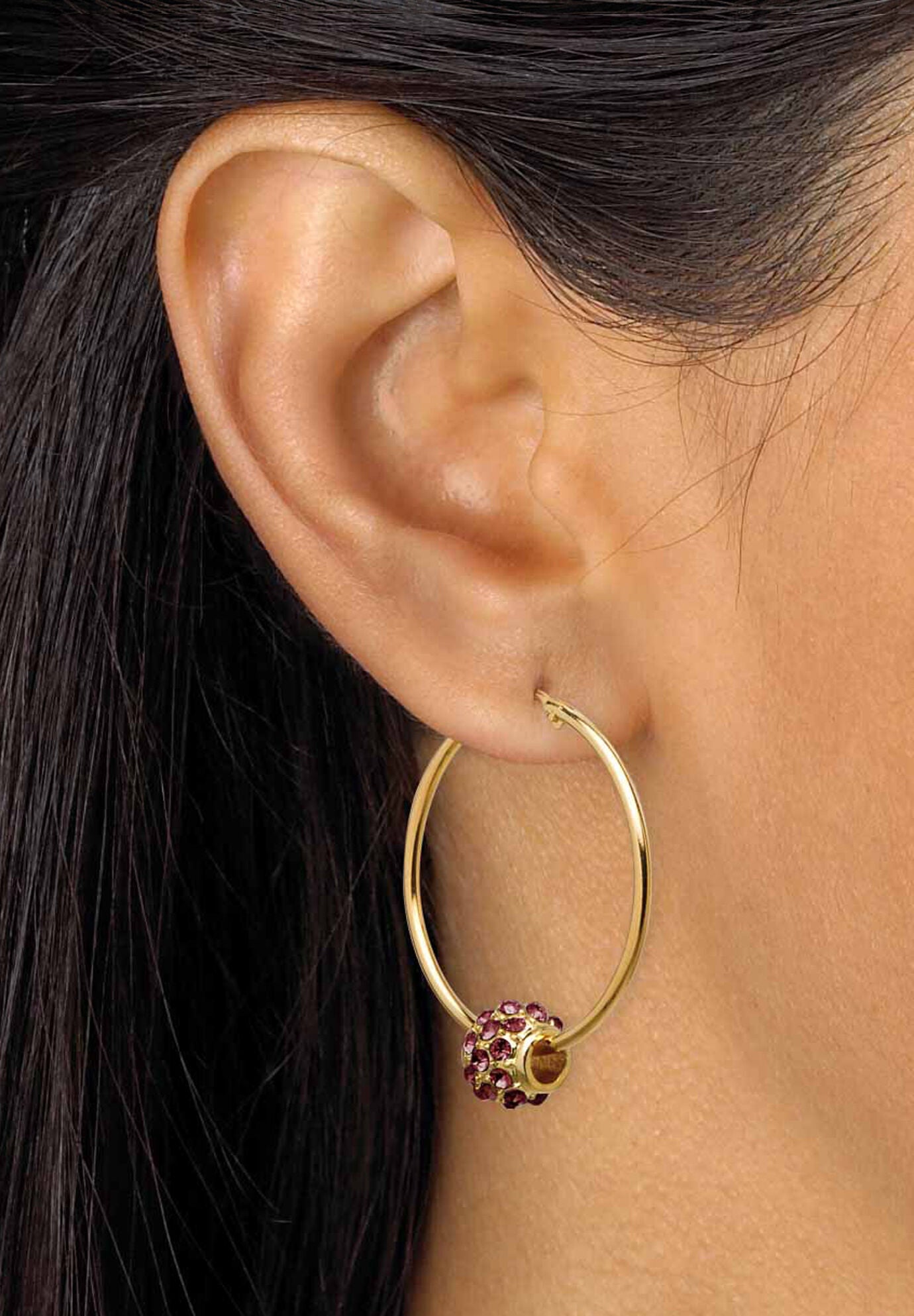 Goldtone Charm Hoop Earrings (32mm) Round Simulated Birthstone, , alternate image number 2