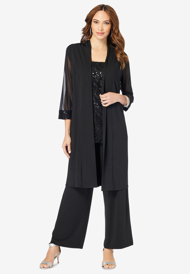Three-Piece Lace & Sequin Duster Pant Set