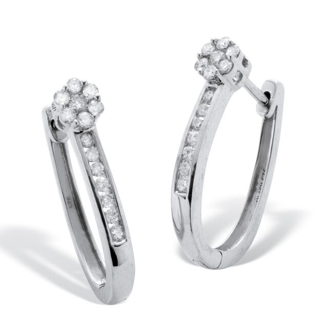 .33 TCW Diamond Sterling Silver Flower Cluster Hoop Earrings (6/10 inch), WHITE, hi-res image number 0