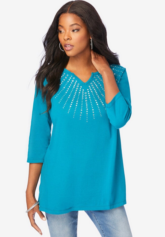 Rhinestone-Embellished Notch-Neck Top, DEEP TEAL SEQUIN NECKLACE, hi-res image number 0