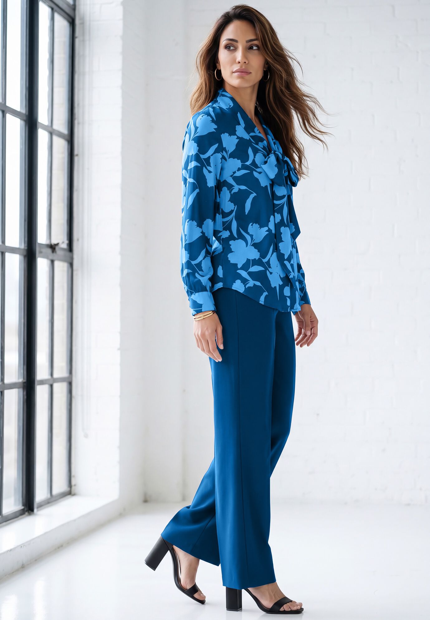 Long Sleeve Bow Blouse, VIVID BLUE, alternate image number 2