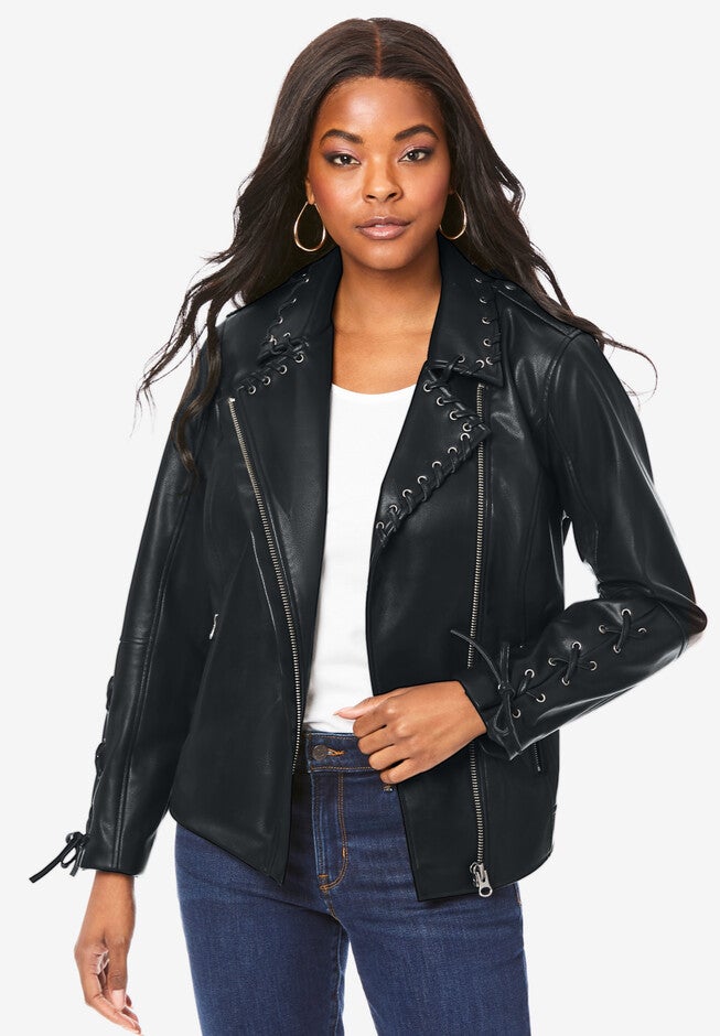 Faux Leather Moto Jacket, BLACK, hi-res image number null