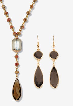 Smoky Crystal Goldtone Drop Necklace And Crystal Earrings, 2-Piece Set