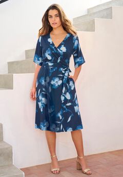 Plus Size Short Sleeve Wrap Fit and Flare Dress