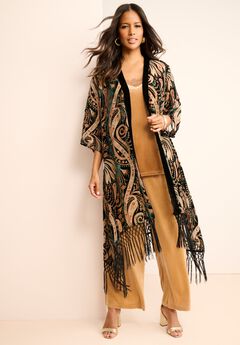 Plus Size Burnout Velvet Fringe Duster