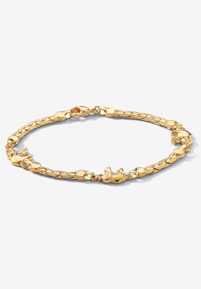 Goldtone Caranvan of Lucky Elelphants Ankle Bracelet 10 inches, GOLD, hi-res image number 0