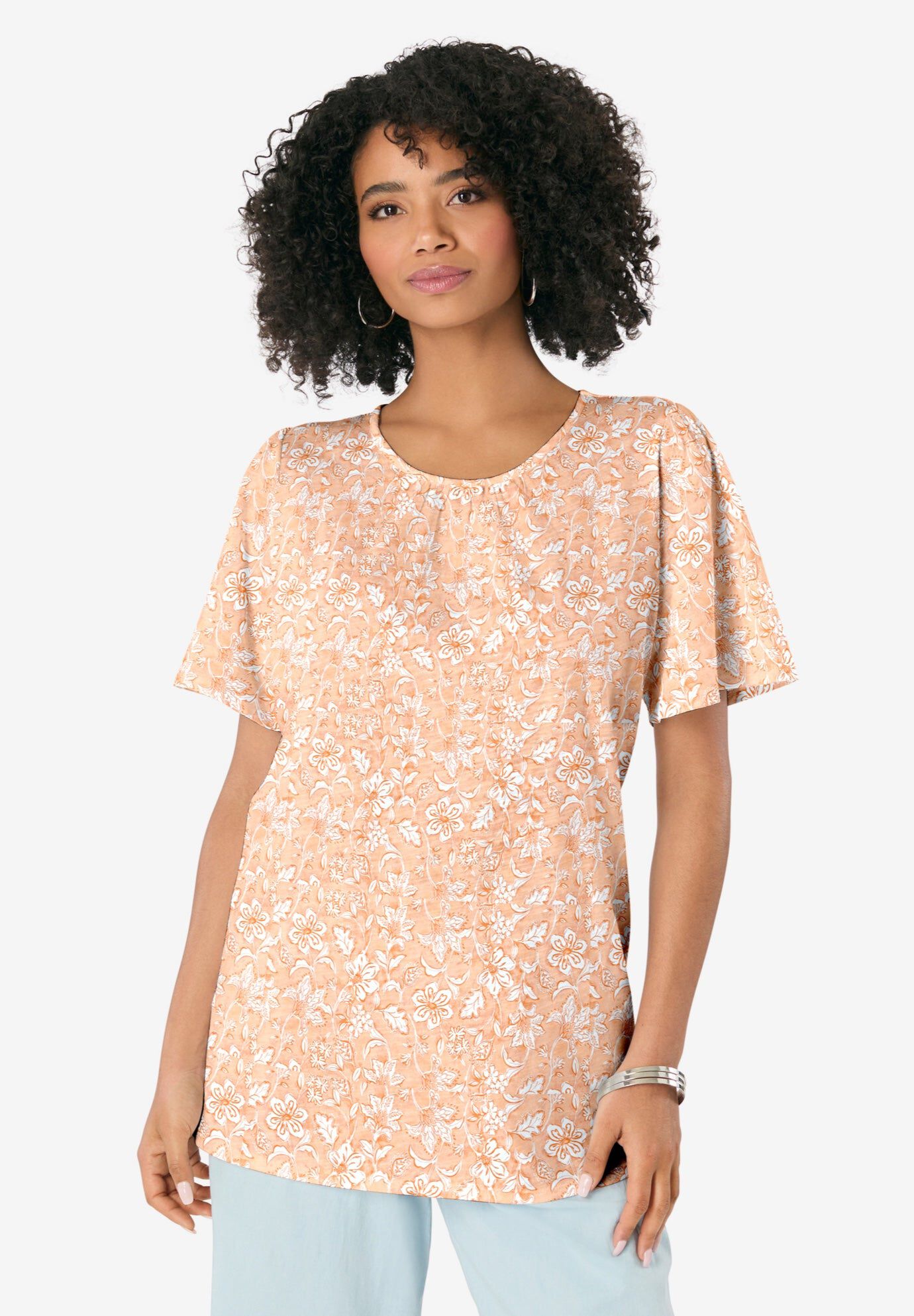 Flutter-Sleeve Textured Tee, PEACH PAINTED VINES, hi-res image number 0