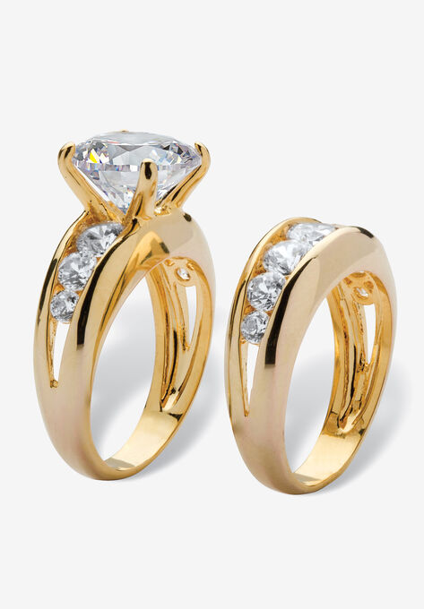 Gold-Plated Round Cubic Zirconia Bridal Ring Set, , on-hover image number null
