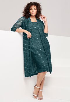 Plus Size 3/4 Sleeve Formal Duster Sequin – Embellished Lace Dress Set