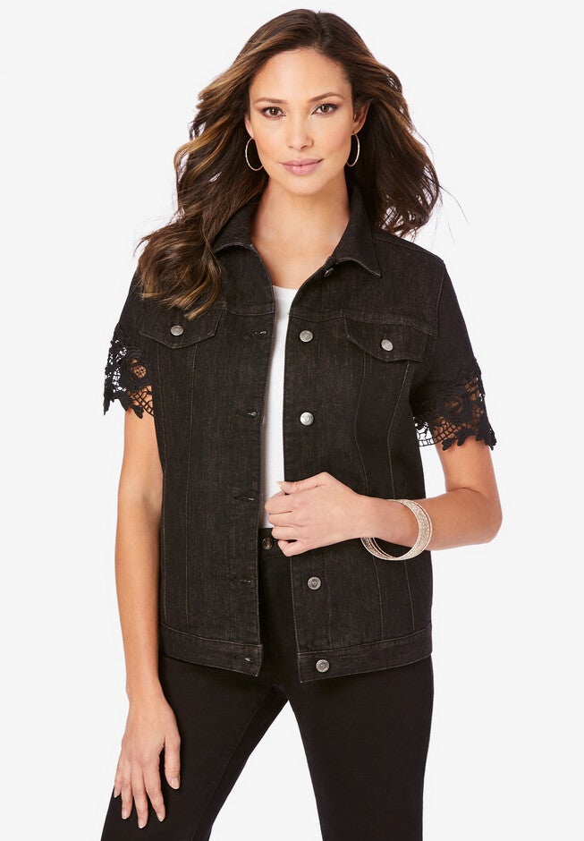 Short-Sleeve Lace Denim Jacket, BLACK, hi-res image number null