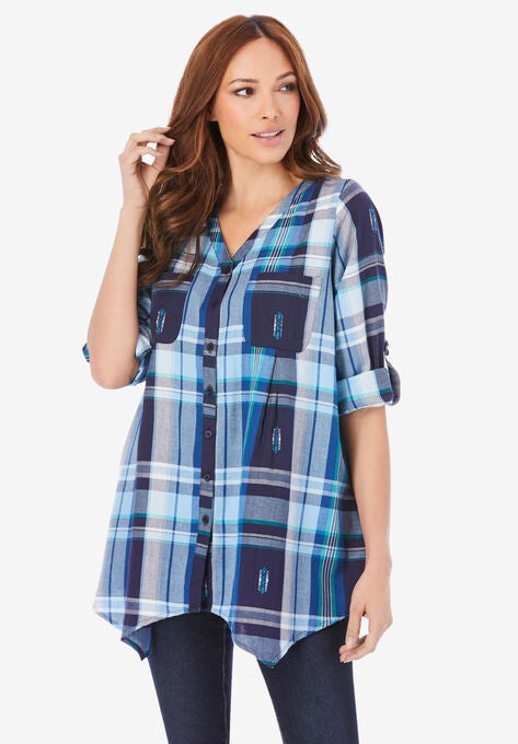 Soft Plaid Button-Up Big Shirt, NAVY MEDALLION PLAID, hi-res image number null