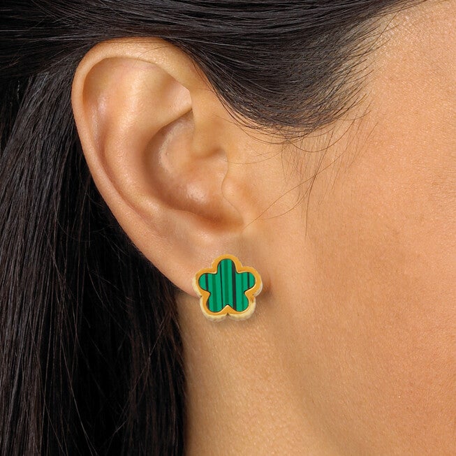Genuine Green Malachite Gold Ion-Plated Stainless Steel Clover Jewelry Set, GREEN, alternate image number 3