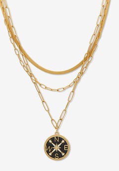 Yellow Gold Ion-Plated Stainless Steel 3-Strand Layered Necklace Set With Compass Pendant