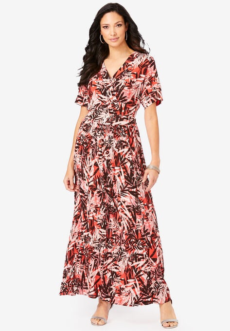 Wrap Maxi Dress, CORAL TROPICAL LEAVES, hi-res image number null