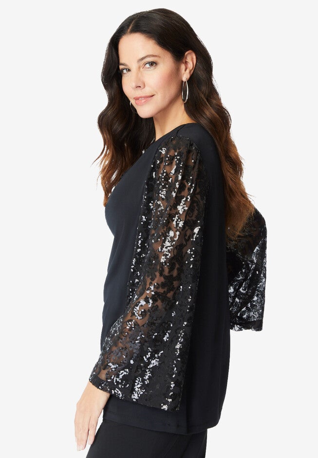 Ultrasmooth® Fabric Embellished Bell-Sleeve Blouse, , alternate image number null