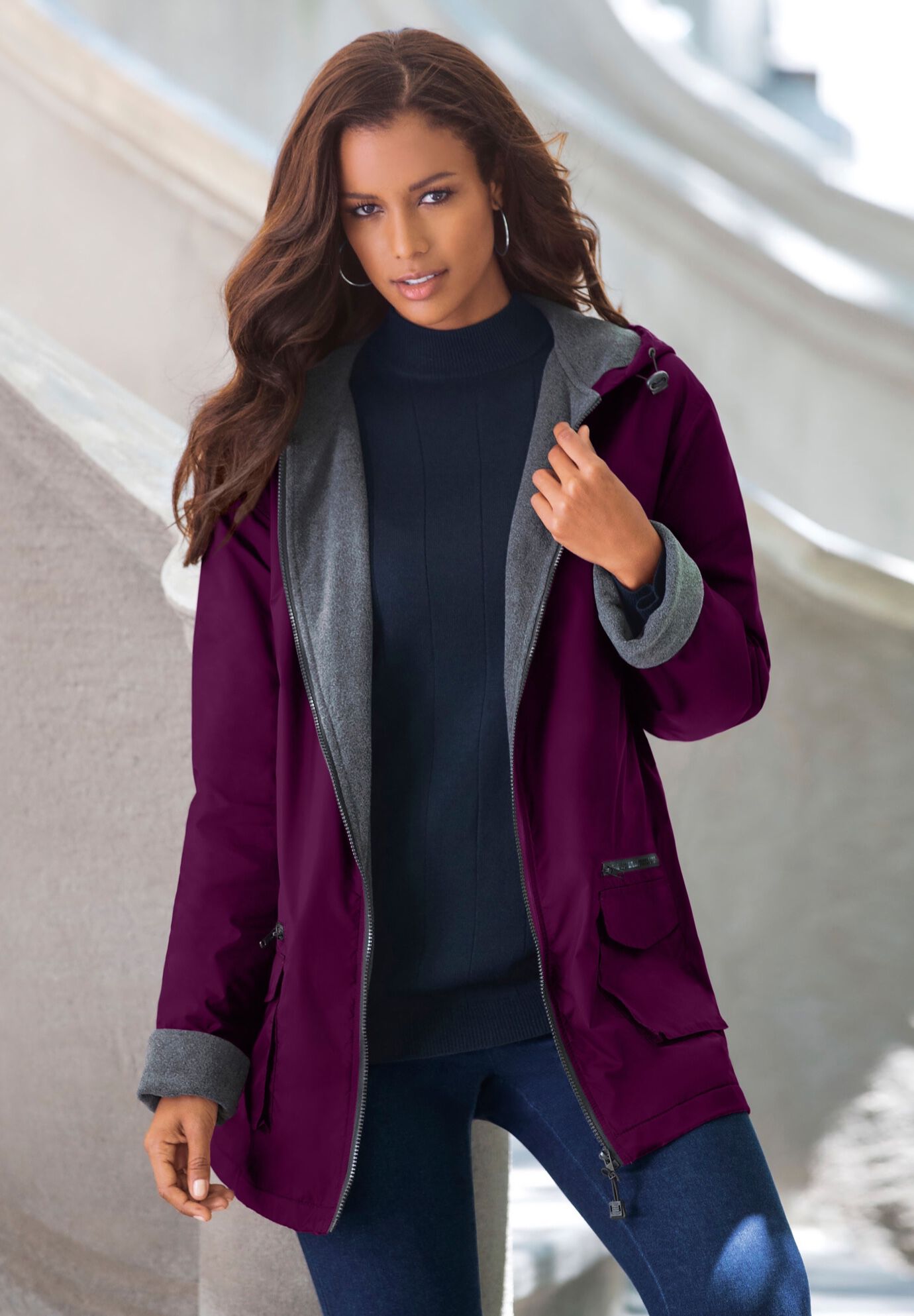 Plus Size Hooded Nylon Jacket, DARK BERRY, alternate image number 2