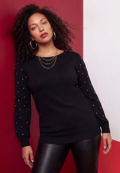 Plus Size Rhinestone Boatneck Blouson Sleeve Sweater