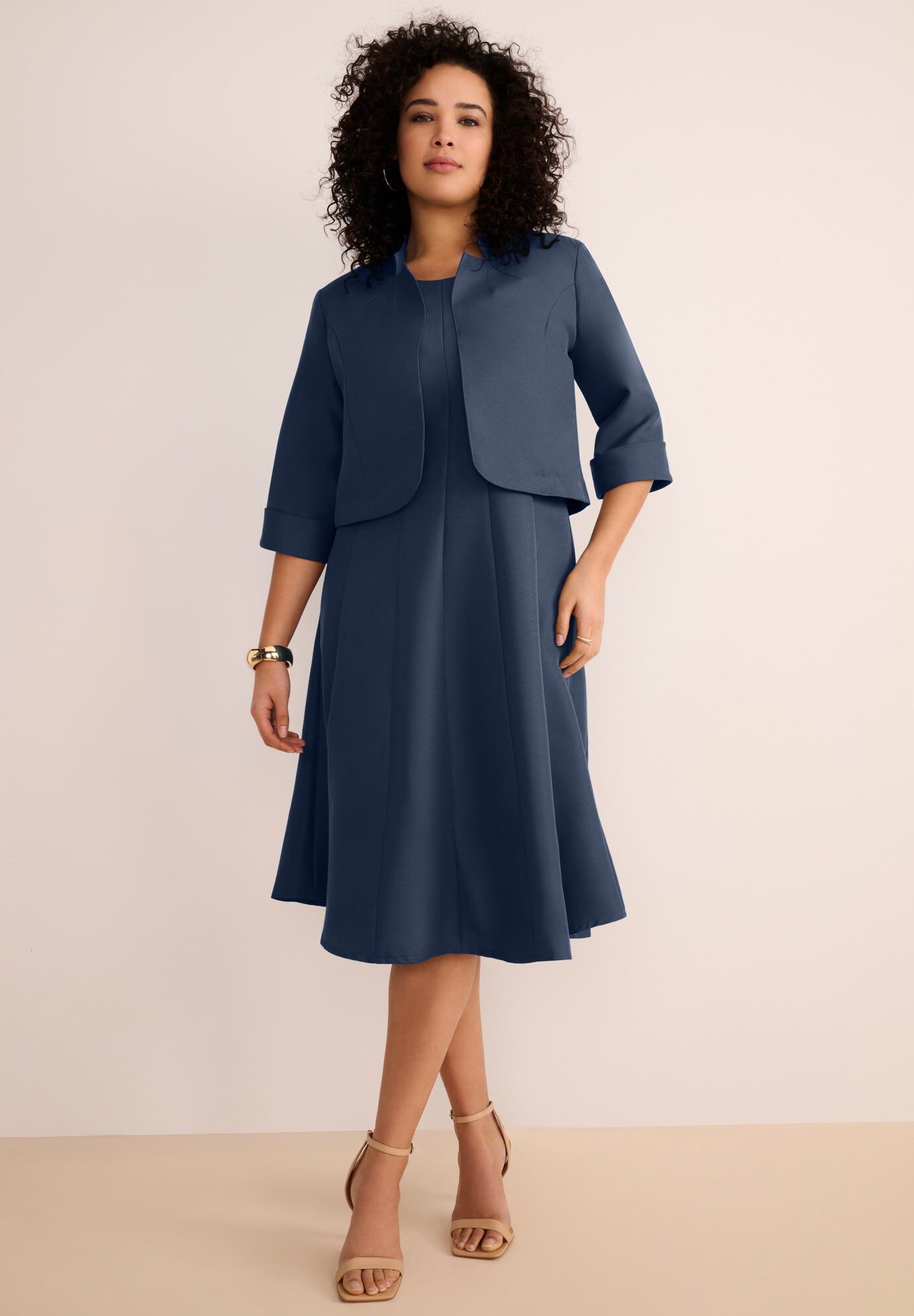 Extended Plus Size Elbow Sleeve Fit-and-Flare Dress with Bolero Jacket &ndash; 2-Piece Suit, NAVY, hi-res image number 0