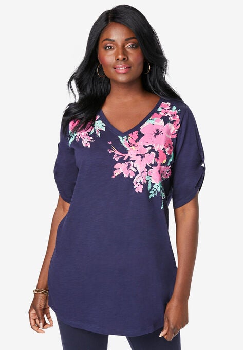 V-Neck Boyfriend Slub Tunic, NAVY BLOSSOM FLORAL, hi-res image number null