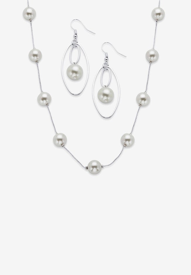 Simulated Pearl Silvertone 2-Piece Station Necklace And Drop Earring Set 18 inches-21 inches, WHITE, hi-res image number 0