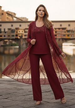 Plus Size Beaded Georgette Scoop Neck 3-Piece Pant Set
