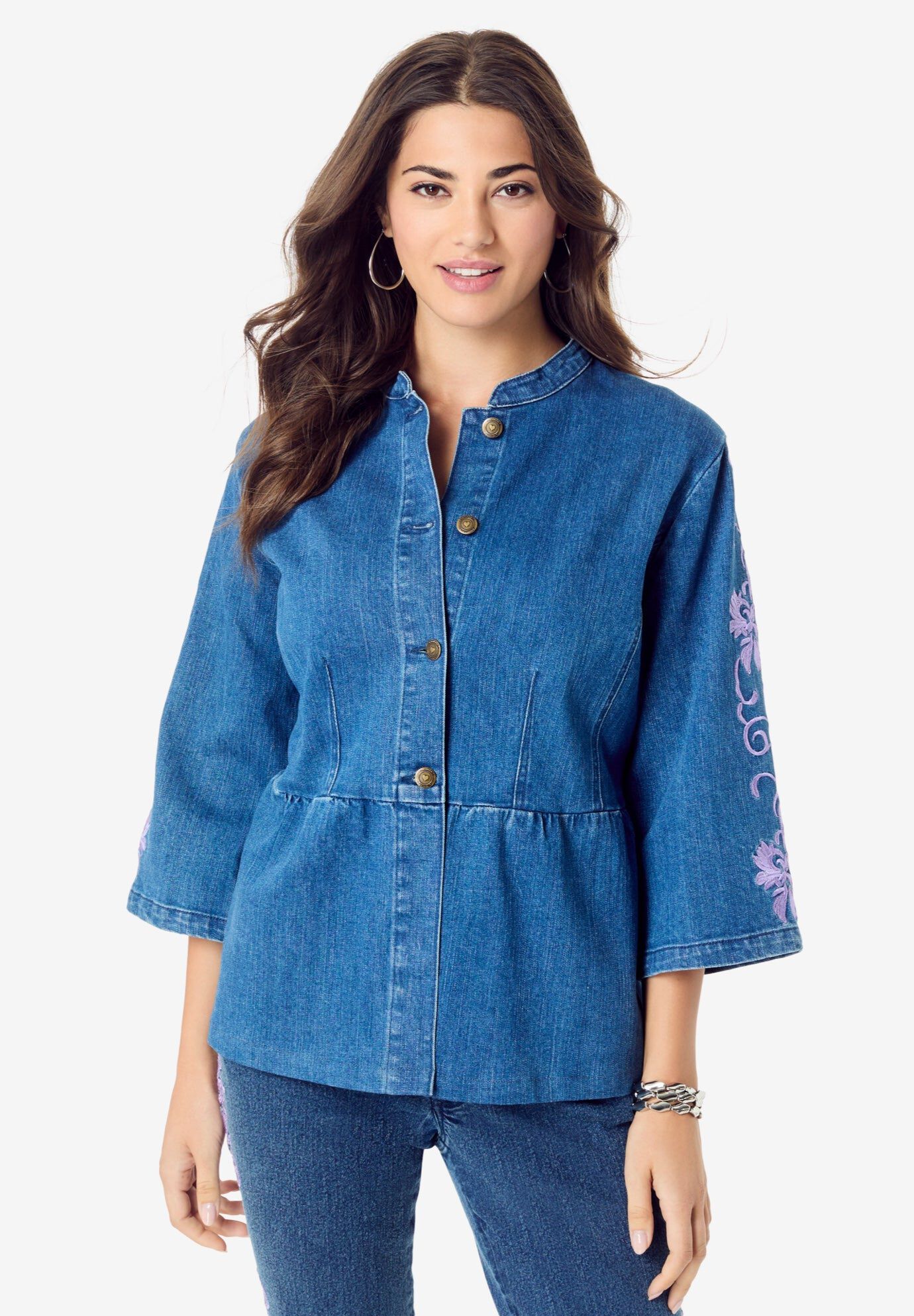 Embroidered Button Front Peplum Denim Jacket, VINTAGE LAVENDER SWIRL EMBROIDERY, hi-res image number 0