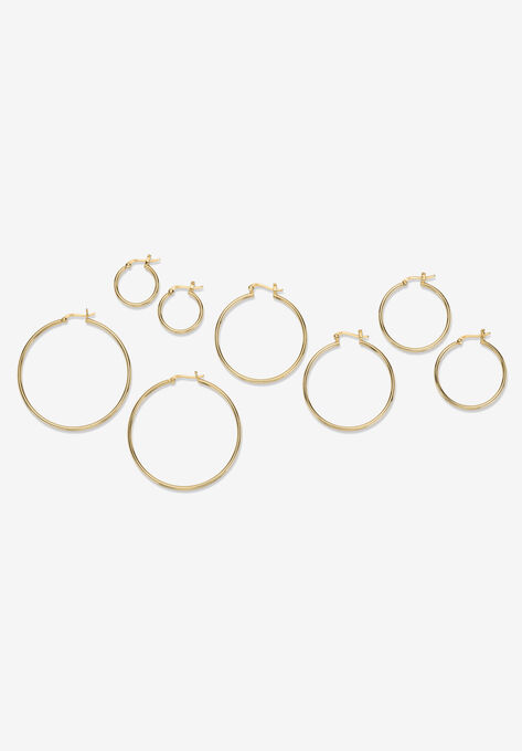 4-Pair Set Gold-Plated Sterling Silver Polished Hoop Earrings Jewelry, , on-hover image number null
