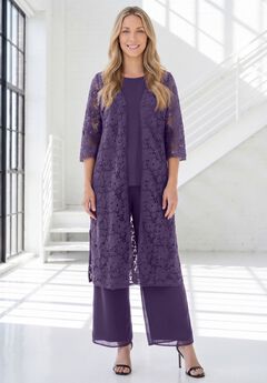 Plus Size 3-Piece Allover Lace Duster Pant Set – Formal Wear