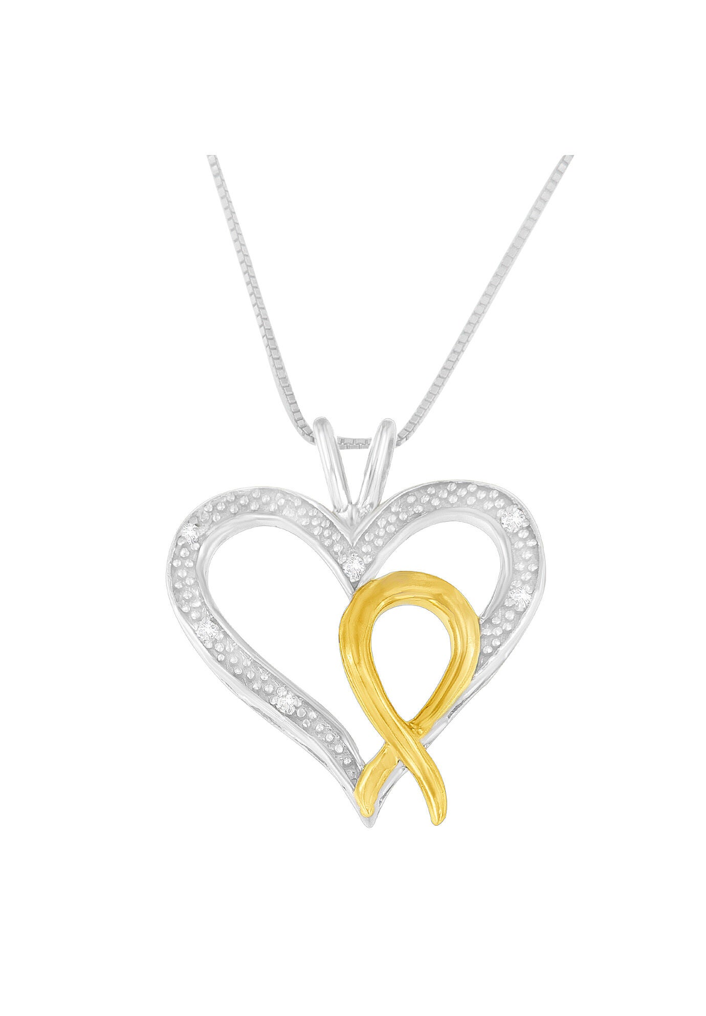 Silver Two Toned Diamond Accent Heart-Ribbon Pendant Necklace, , on-hover image number 1