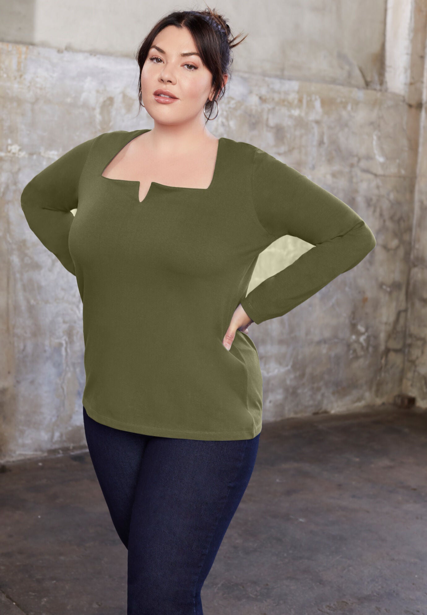 Split-Neck Long-Sleeve One + Only Tee, DARK OLIVE GREEN, hi-res image number 0