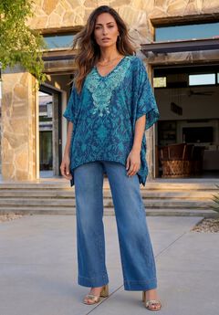Plus Size Georgette V-Neck Embroidered Poncho Blouse
