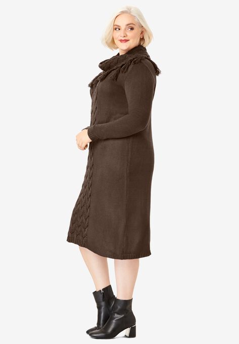 Fringed Cowl-Neck Sweater Dress, , alternate image number null