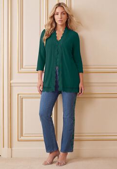 Plus Size Crochet Trim Pointelle Cardigan