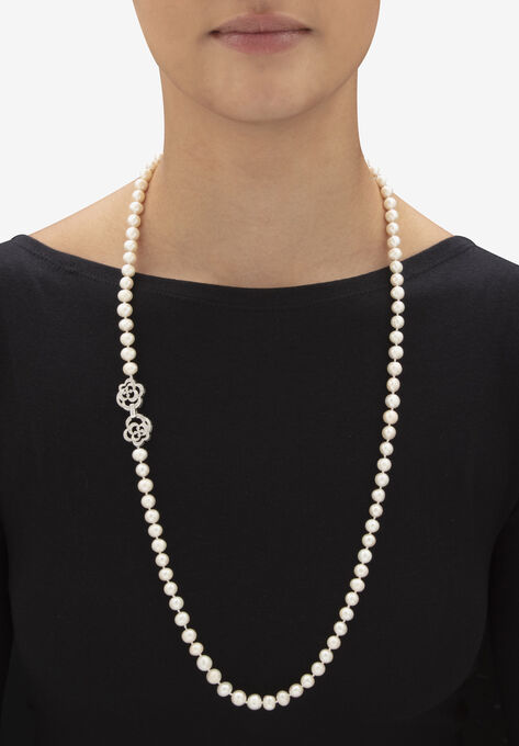 1.42 Cttw. White Genuine Pearl Necklace W/Cubic Zirconia Clasp Silvertone 32", , alternate image number null