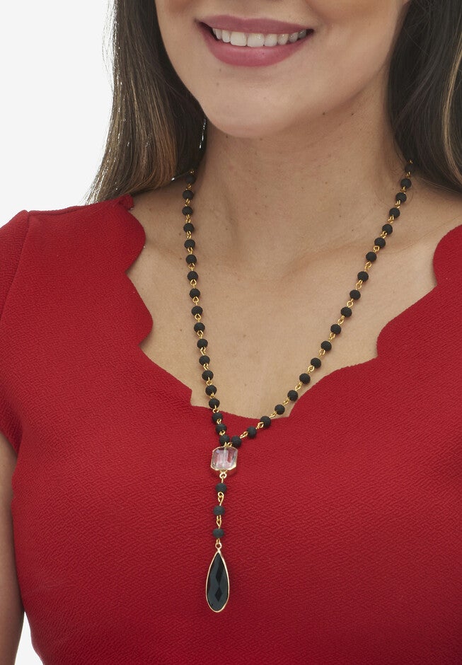 Black Crystal Goldtone Drop Necklace And Crystal Earrings, 2-Piece Set, , alternate image number 2