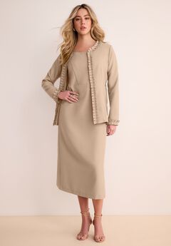 Plus Size Long Sleeve Pleated Jacket Dress Set – Elegant 2-Piece Sheath Suit