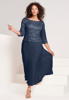 Extended Plus Size Sequin Lace Three Quarter Sleeve A-Line Gown