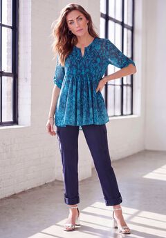 Plus Size Tara Pleated Shirt – Adjustable 3/4 Sleeve Swing Tunic with Notch Collar