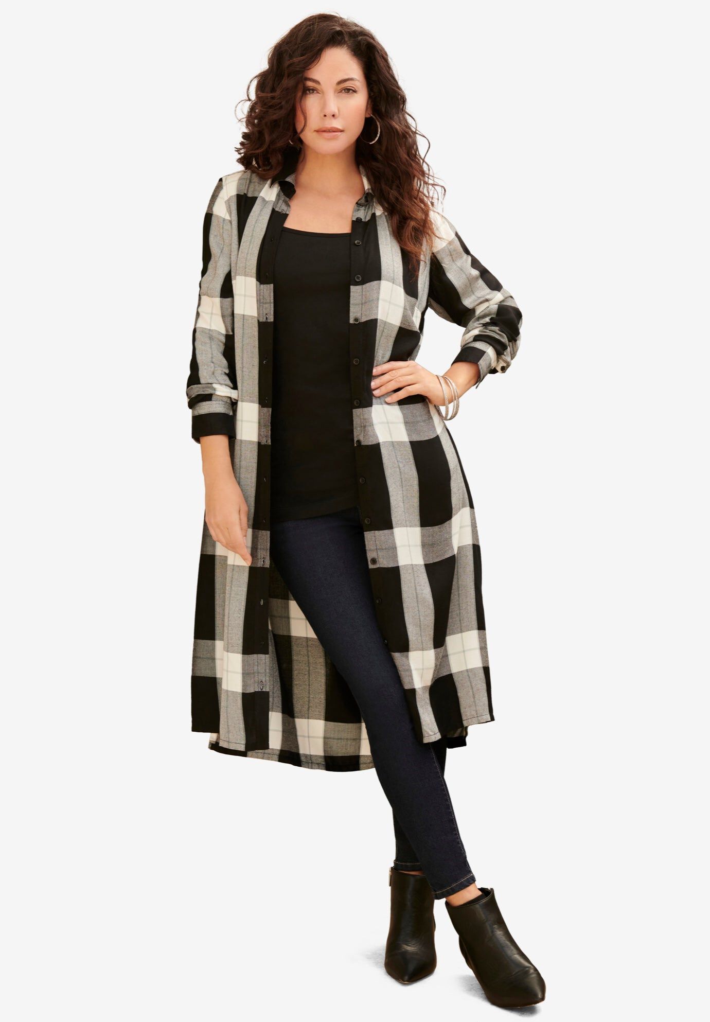 Plaid Button Front Ultra Tunic, BLACK IVORY TARTAN, hi-res image number 0