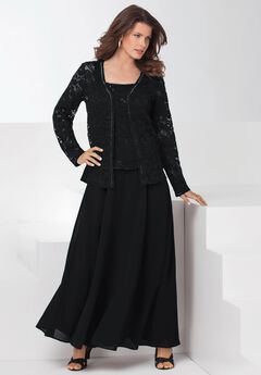 Plus-Size 2 Piece Long Sleeve Embellished Lace Jacket and Full Gown